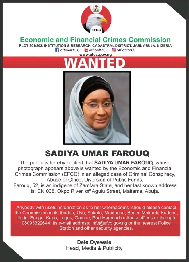 Efcc Declares Ex-humanitarian Minister, Sadiya Umar Farouq Wanted