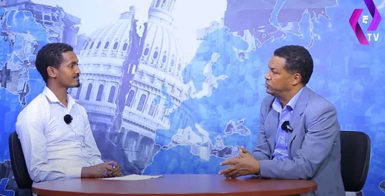 Journalists Tewodros Zerfu (left) and Nigussie Berhanu discuss the conflict that led to Ethiopia's state of emergency on a Yegna TV program on August 16. Days later, both were arrested. A third journalist was arrested in early September 