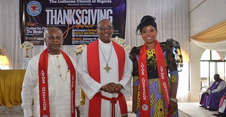 L - R: Head of Civil Service, Akwa Ibom State, Mr Effiong Essien, National President of Lutheran Church of Nigeria, Dr. Christian Okon Ekong and the Commissioner for International Development and Cooperation in Cross Rivers State, Dr.  Inyang Asibong