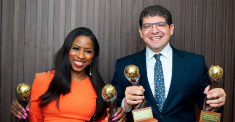  From Left: Mrs Dupe Olusola, Managing Director/CEO Transcorp Hotels Plc and Islam El-Maddah, Hotel Manager Transcorp Hilton Abuja, holding the hotel's World Travel Awards. Transcorp Hilton won five awards