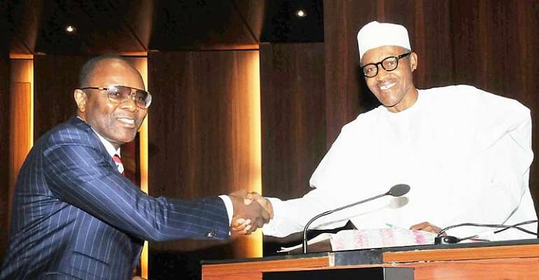 Minister of State for Petroleum, Dr Ibe Kachikwu with President Muhammadu Buhari at the State House recently