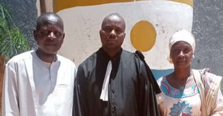 Journalists Moussa Aksar (left) and Samira Sabou (right) are seen with their lawyer, Ahamed Mamane. The journalists were recently convicted of violating Niger's 2019 cybercrime law. (Photo: Samira Sabou)