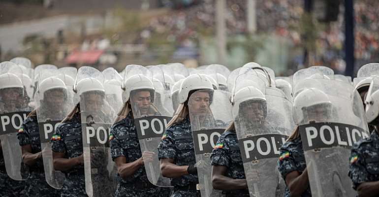 Ethiopian federal police officers march during a ceremony in Addis Ababa, Ethiopia, on June 5, 2022. (AFP/Amanuel Sileshi)
