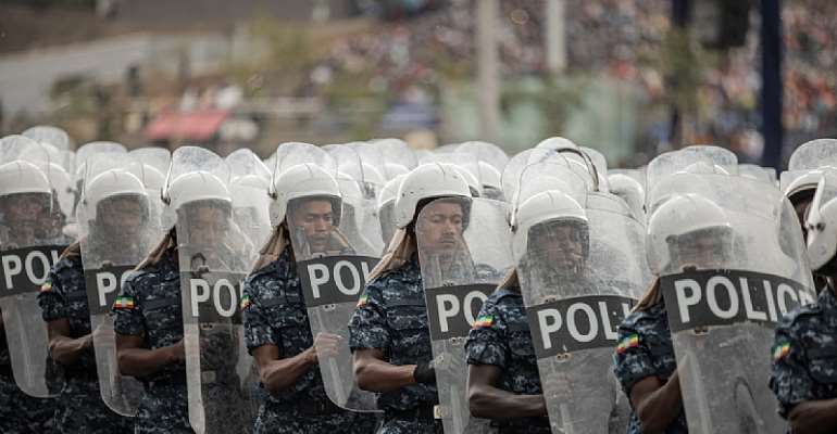 Ethiopian federal police officers march during a ceremony in Addis Ababa, Ethiopia, on June 5, 2022. (AFP/Amanuel Sileshi)
