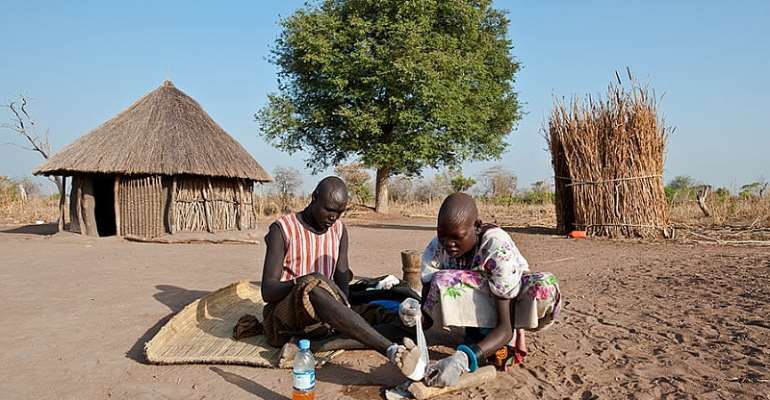 Village volunteer Cezerina Puru Ladu treats her husband, Garbino Kenyi, a farmer from Terekeka County, South Sudan, who suffered from Guinea worm disease. In 2020, South Sudan reported a single human case*. (Photo: The Carter Center/ L. Gubb)