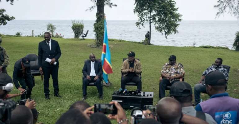 Journalists attend a news conference hosted by M23/AFC rebels in Goma on February 6, 2025, after they seized the city the previous week. AFC leader Corneille Nangaa (3rd right) promised that journalists would not be harassed for their work