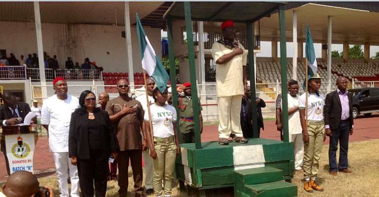 Imo Deputy Gov. Prince Eze Madumere, MFR, Taking Salute During The Rendition Of National Anthem At The Occasion Of Passing-Out Parade Ceremony Of Batch A 2013 Corps Members National Youths Service Corps At Dan Anyiam Stadium, Owerri, Imo State