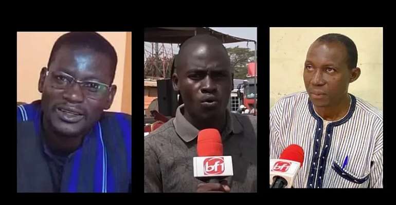 Burkinabe journalists (from left) Boukari Ouoba, Luc Pagbelguem, and GuÃ©zouma Sanogo appeared in videos wearing military uniforms a little over a week after they were arrested on Match 24, 2025.