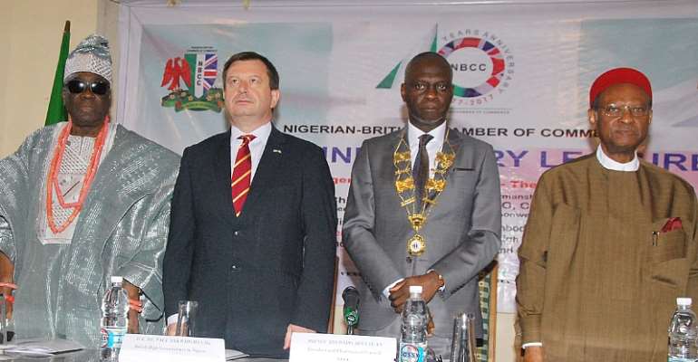 L-R: HRM Oba Rilwan Akiolu, Oba of Lagos; Mr Paul Arkwright, British High Commisssioner in Nigeria; Prince Adedapo Adelegan, President and Chairman of Council, Nigeria British Chamber of Commerce (NBCC) and Chief Emeka Anyaoku, Chairman of the occasion du