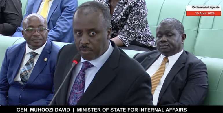 Uganda's internal affairs minister David Muhoozi speaks in parliament on the first reading of the Protection of Sovereignty Bill, 2026, on April 15. If passed, the law would give him power to issue or deny registration to 