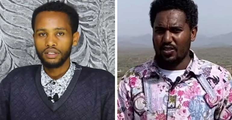 Ethiopian journalists Getenet Ashagre (left, screenshot YouTube/Voice of Amhara) and Aragaw Sisay (right, screenshot YouTube/Roha News) were recently detained by federal police.