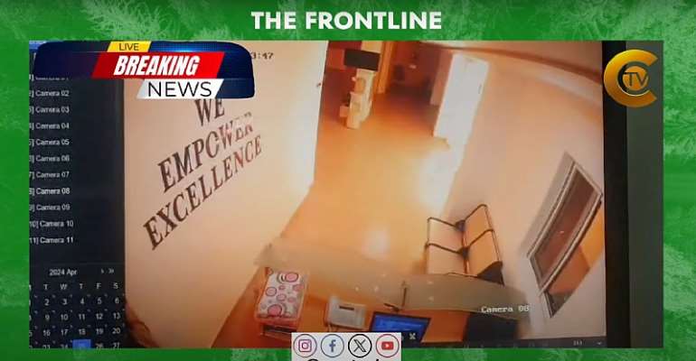 On April 25, a group of unidentified men firebombed Class Media Group's office, in the Labone district of Ghana's capital Accra, and fled the scene. (Screenshot My C TV/YouTube)
