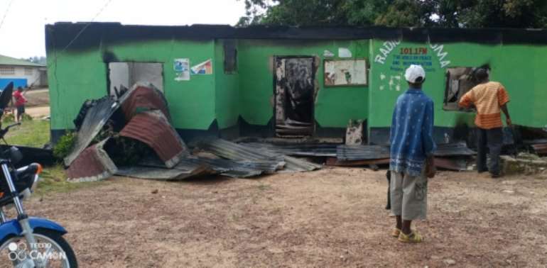 The offices of Liberia's Radio Kintoma, in Voinjama, pictured after they were destroyed by a fire in April. (Tokpa Tarnue)