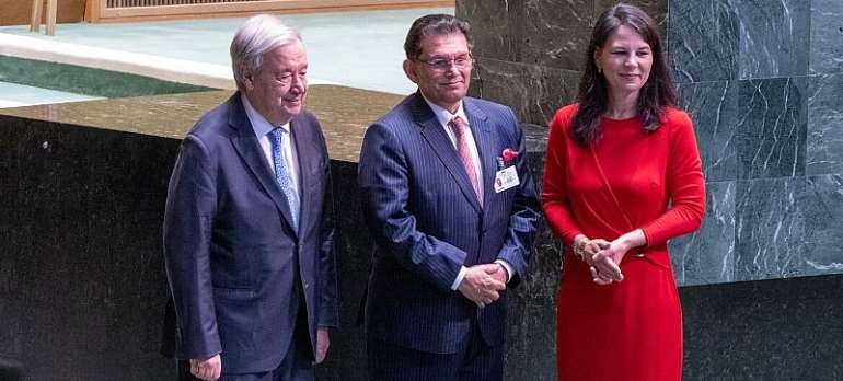 UN Photo/Eskinder Debebe: UN Secretary-General AntÃ³nio Guterres (left) and General Assembly President Annalena Baerbock (right), with Khalilur Rahman, President-elect of the eighty-first Session of the General Assembly.