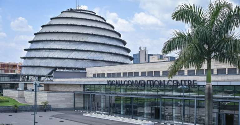 The Rwanda Convention Centre Bureau is seen in Kigali on November 2, 2021. Ahead of the country's hosting of the Commonwealth Heads of Government Meeting, CPJ called on Commonwealth leaders to urge Rwanda to respect human rights. (AFP/Simon Maina)