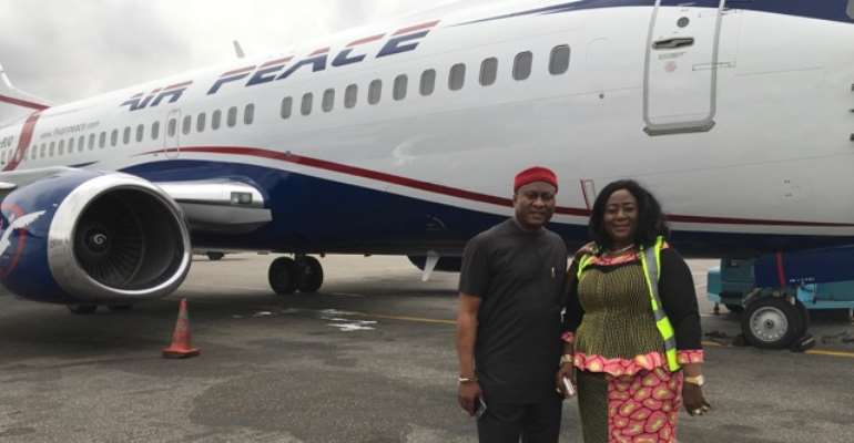 Chairman/Chief Executive Officer of Air Peace, Mr. Allen Onyema and his wife, Alice at the Murtala Muhammed Airport, Lagos during the arrival of the airline's 13th aircraft, a B737-300 on Friday.
