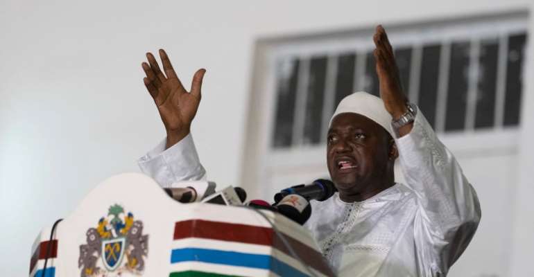 Gambian President Adama Barrow speaks to supporters after winning the presidential election in Banjul, Gambia, on December 5, 2021. CPJ called on Gambian authorities to prioritize legal reforms and accountability for crimes against the press committed und