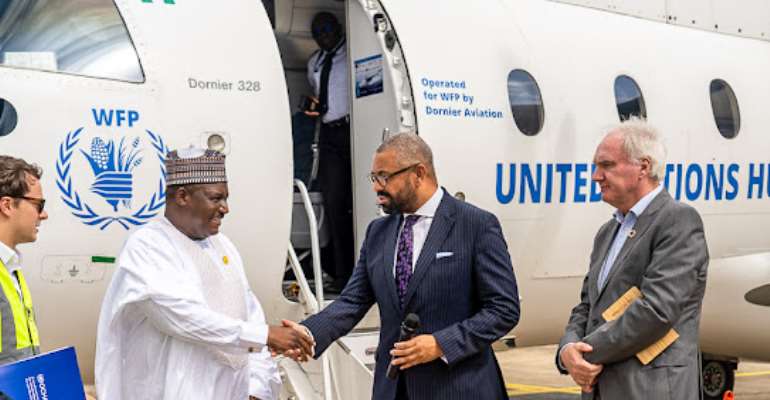UK Foreign Secretary, Hon James Cleverly (centre) received at the Abuja airport by the Hon. Permanent Secretary, Humanitarian Affairs, Dr Sani-Gwarzo (2nd left) and the UN Resident Coordinator/Humanitarian Coordinator Matthias Schmale.
