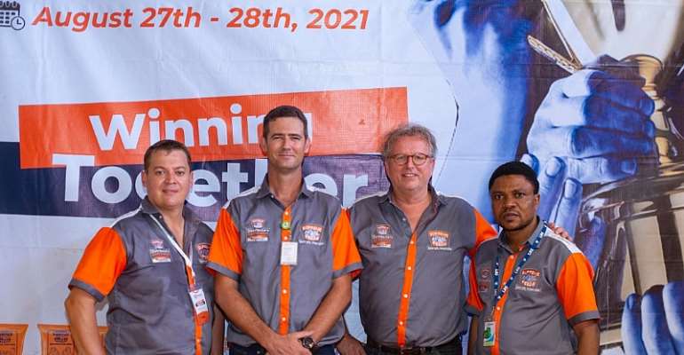  (L-R)  Chief Operations Officer, Pandagric Novum Limited, Arnold Smith, Chief Executive Officer,  Bruce Spain, Member, Executive Board, Theo van der Veen  and the General Manager, Sales and Marketing, Tunji Osoko during the 2021 Pandagric Novum Limited D