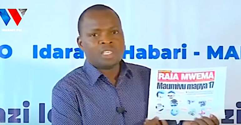 Tanzanian government spokesperson Gerson Msigwa is seen discussing the suspension of the Raia Mwema newspaper. (Photo: YouTube/Wasafi Media)
