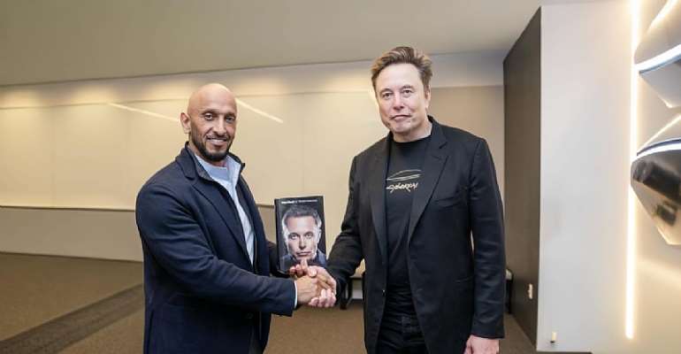 H.E. Abdulla bin Mohamed bin Butti Al Hamed, Chairman of the UAE Media Council and Chairman of BRIDGE, meets Elon Musk, CEO of X, SpaceX, Tesla, and Starlink, at Tesla Headquarters in Palo Alto, California.