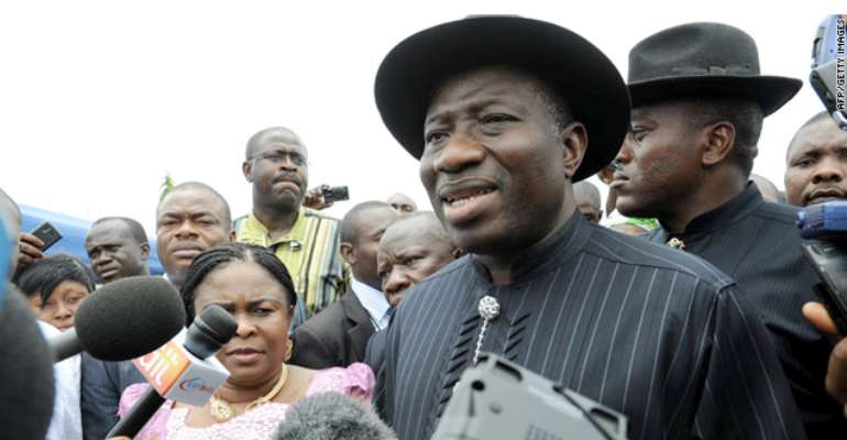 PRESIDENT GOODLUCK JONATHAN TAKES QUESTIONS FROM JOURNALISTS AFTER CASTING HIS VOTE IN THE PRESIDENTIAL ELECTION IN OTUEKE, BAYELSA STATE ON SATURDAY APRIL 16, 2011.