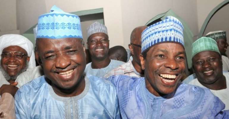 SOKOTO STATE GOVERNOR-ELECT, ALHAJI ALIYU WAMAKKO (L) AND HIS DEPUTY, ALHAJI MUKHTAR SHAGARI, CELEBRATING THEIR VICTORY IN THE SOKOTO GOVERNORSHIP ELECTION ON SUNDAY, FEB 19, 2012.