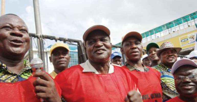 PHOTO: NIGERIA LABOUR CONGRESS, NLC, PRESIDENT COMRADE ABDULWAHEED OMAR (M) WITH OTHER LABOUR UNION LEADERS DURING THE RALY AGAINST DEREGULATION LAST YEAR.