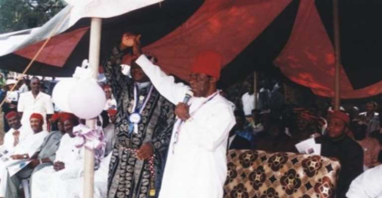 A FILE PHOTO SHOWS FORMER PRESIDENT OF OHANEZE, JUSTICE EZE OZOBU (R) WITH APGA PARTY NATIONAL CHAIRMAN, CHIEF CHEKWAS OKORIE AT AN EVENT ORGANIZED BY THE IGBOEZUE CULTURAL ASSOCIATION.