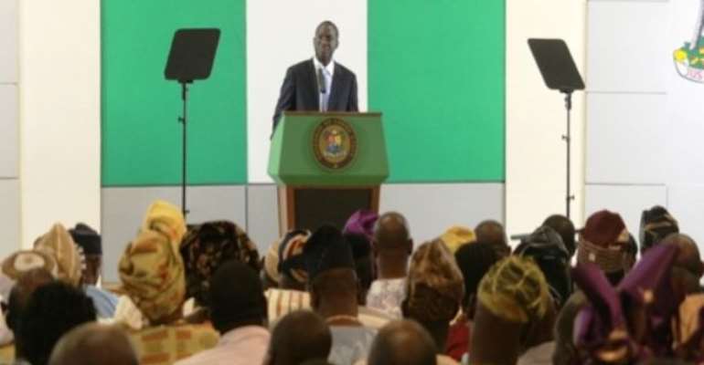PHOTO: LAGOS STATE GOVERNOR, MR BABATUNDE RAJI FASHOLA DURING HIS LAST WORLD PRESS CONFERENCE ON DEMOCRACY DAY.