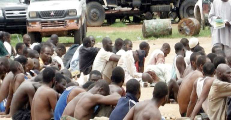 SUSPECTED MEMBERS OF THE BOKO HARAM SECT ARRESTED DURING A RAID OF THEIR HIDEOUT IN MAIDUGURI, BORNO STATE, BY SECURITY FORCES SOME MONTHS AGO.