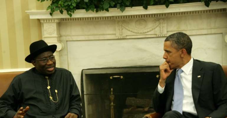 US PRESIDENT BARACK OBAMA (R) WITH NIGERIAN PRESIDENT GOODLUCK JONATHAN AT THE WHITE HOUSE DURING JONATHAN'S RECENT VISIT TO THE UNITED STATES.