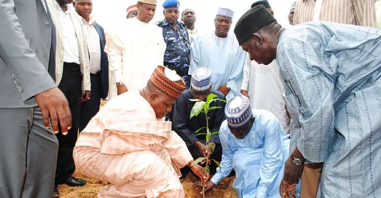 Borno State Governor, Kashim Sahettima, left, lauching another round of tree planting campaign on ten hectares of trees' site