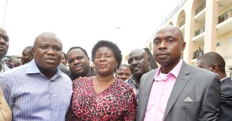 L-R: Lagos State Governor, Akinwunmi Ambode, Executive Secretary, Yaba Local Government, Bola Olumegbon-Lawal and Managing Director, MRI Investments, Idris Asunmo during the the Governor's Facility Tour at the Tejuosho Shopping Complex in Yaba, Lagos yest