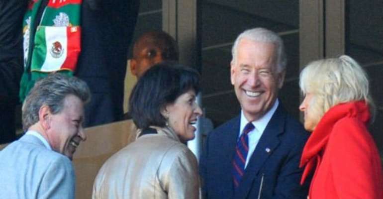 PHOTO: US VICE PRESIDENT JOE BIDEN (2ND R) WITH WIFE JILL TALK WITH SWISS PRESIDENT DORIS LEUTHARD (3RD R) AT THE OPENING OF THE 2010 WORLD CUP TOURNAMENT IN SOUTH AFRICA. Image: AFP/ ALEXANDER JOE.
