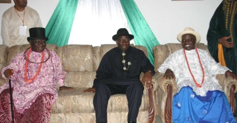 PHOTO R-L: FORMER DELTA STATE GOVERNOR, DR EMMANUEL UDUAGHAN; PRESIDENT GOODLUCK JONATHAN AND CHIEF EDWIN CLARK.