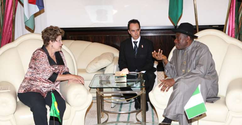 PRESIDENT GOODLUCK JONATHAN (R) WITH VISITING BRAZILIAN PRESIDENT, DILMA ROUSEFF AT THE PRESIDENTIAL VILLA IN ABUJA. FEBRUARY 23, 2013