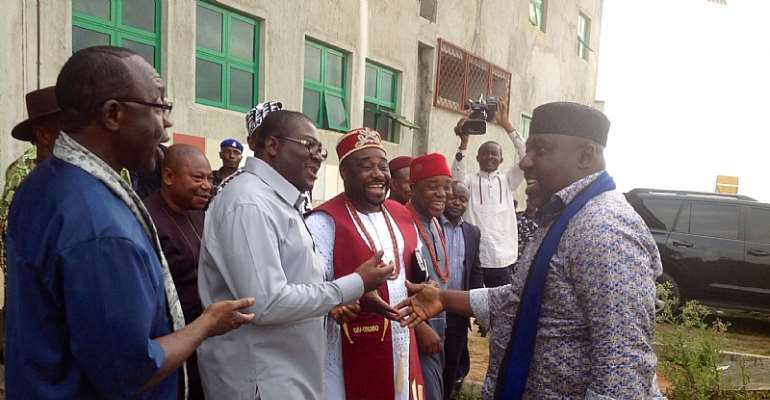 Governor Okorocha being received by Imo Deputy Governor during APC stakeholders meeting at Ahiajoku Centre recently.