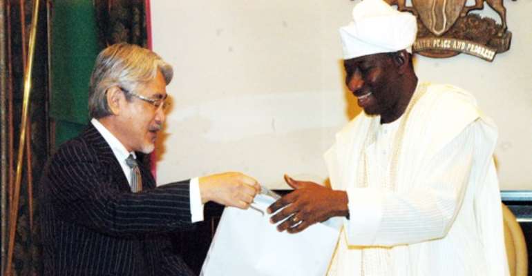 PRESIDENT GOODLUCK EBELE JONATHAN (R) WITH VISITING OUTGOING JAPANESE AMBASSADOR TO NIGERIA, MR TOSHITSUGU UEESAWA AT THE PRESIDENTIAL VILLA ABUJA TODAY, AUGUST 15, 2011.