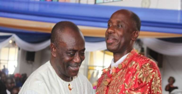 R-L: RIVERS STATE GOVERNOR, MR ROTIMI CHIBUIKE AMAECHI AND FORMER GOVERNOR, DR PETER ODILI HUG AND SHARE A JOKE INSIDE THE CORPUS CHRISTI CATHEDRAL CHURCH IN CAPITAL CITY, PORT HARCOURT, TODAY, MAY 29, 2011.