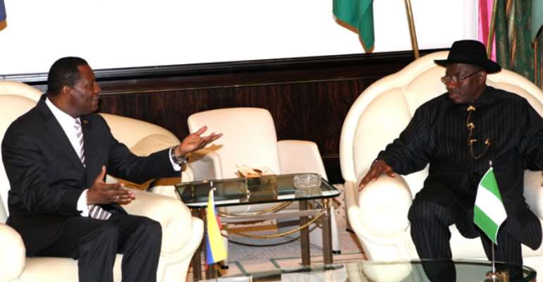 PRESIDENT GOODLUCK JONATHAN WITH OUTGOING AMBASSADOR OF VENEZUELA TO NIGERIA, ENRIQUE FERNADO ARRUNDELL DURING HIS FAREWELL VISIT TO THE STATE HOUSE IN ABUJA. JUNE 27, 2013