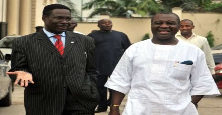 PHOTO: R-L: OBONG VICTOR ATTAH AND HIS LAWYER, MR MIKE OZEKHOME AT THE EFCC HEADQUARTERS RECENTLY.