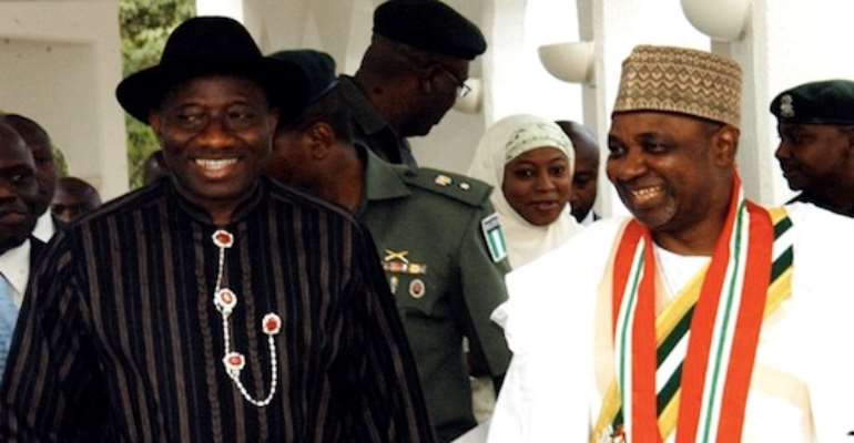 PHOTO L-R: A FILE PHOTOGRAPH SHOWS PRESIDENT GOODLUCK JONATHAN WITH VICE PRESIDENT MOHAMMED NAMADI SAMBO AFTER SAMBO'S SWEARING IN AS VICE PRESIDENT INSIDE THE PRESIDENTIAL VILLA IN ABUJA.