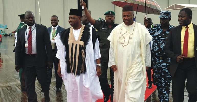 Vice President, Arc. Nnamadi Sambo and Governor Godswill Akpabio on arrival at the Ibom International Airport to attend Millennium Excellence Foundation Summit in Uyo.