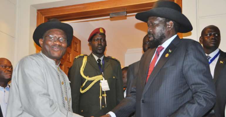 PRESIDENT GOODLUCK JONATHAN (L) WITH THE PRESIDENT SALVA KIIR MAYANDITT OF SOUTH SUDAN, DURING A BILATERAL MEETING IN ADDIS ABABA, ETHIOPIA. JANUARY 26, 2013