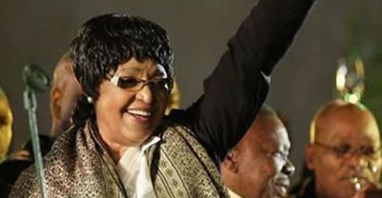 FORMER WIFE OF NELSON MANDELA,WINNIE MADIKIZELA-MANDELA CELEBRATES WITH ANC SUPPORTERS IN JOHANNESBURG, APRIL 23, 2009.