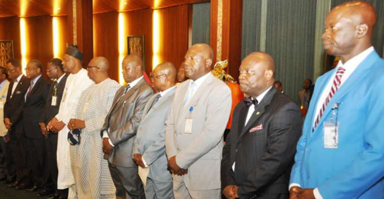 CROSS SECTION OF MEMBERS OF THE COMMITTEE ON PROLIFERATION OF SMALL ARMS & LIGHT WEAPONS DURING THEIR INAUGURATION AT THE PRESIDENTIAL VILLA ABUJA. APRIL 24, 2013