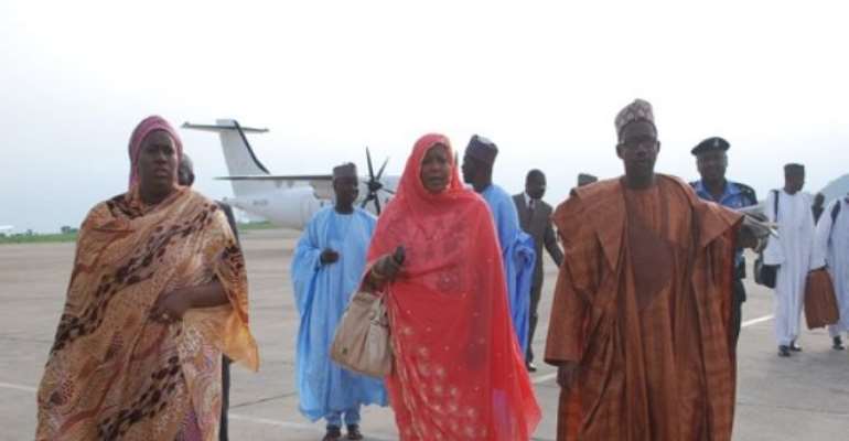 PHOTO: R-L: FCT MINISTER, SENATOR BALA MOHAMMED AND HIS WIVES, LANI AND JAMILA ON ARRIVAL AT BAUCHI AIRPORT RECENTLY.