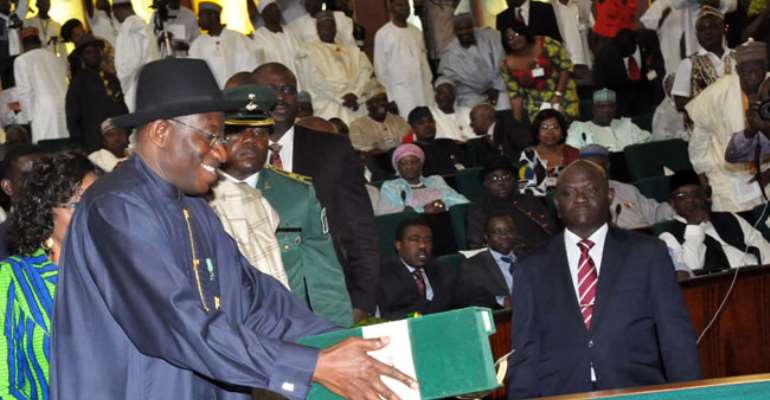 PRESIDENT GOODLUCK JONATHAN LAYING THE 2013 BUDGET PROPOSAL BEFORE THE JOINT SESSION OF THE NATIONAL ASSEMBLY IN ABUJA. OCTOBER 10, 2012