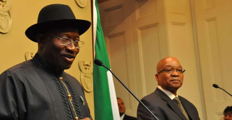 PRESIDENT GOODLUCK JONATHAN (L) ADDRESSING A JOINT NEWS CONFERENCE WITH PRESIDENT JACOB ZUMA OF SOUTH AFRICA AFTER A BILATERAL MEETING IN CAPE TOWN. MAY 07, 2013